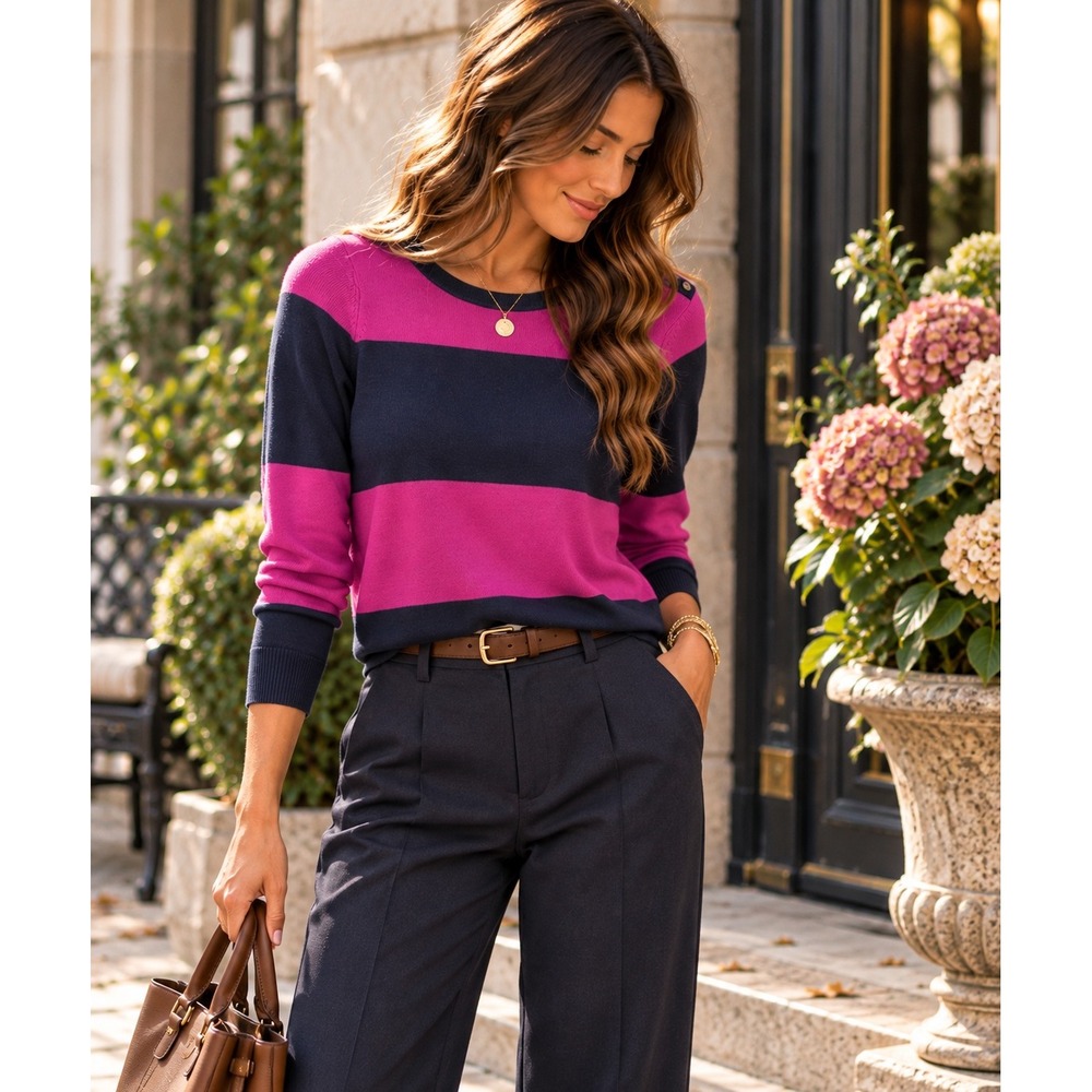 Banana Republic Merino Wool Striped Sweater Pink Navy Blue Nautical Button Small